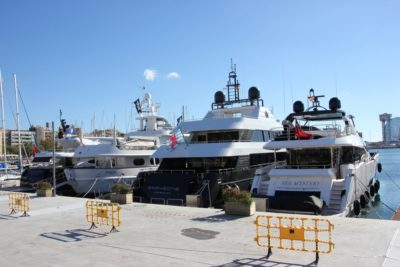 Motor yachts in the Port Vell marina in Barcelona