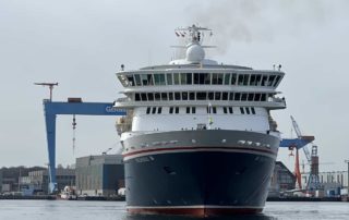 Cruise ship Balmoral arriving Kiel turning in Kiel Fjord