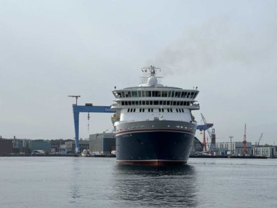 Cruise ship Balmoral rotates in the Kiel Fjord