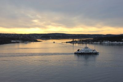 Ferry in the Oslofjord Norway at sunset