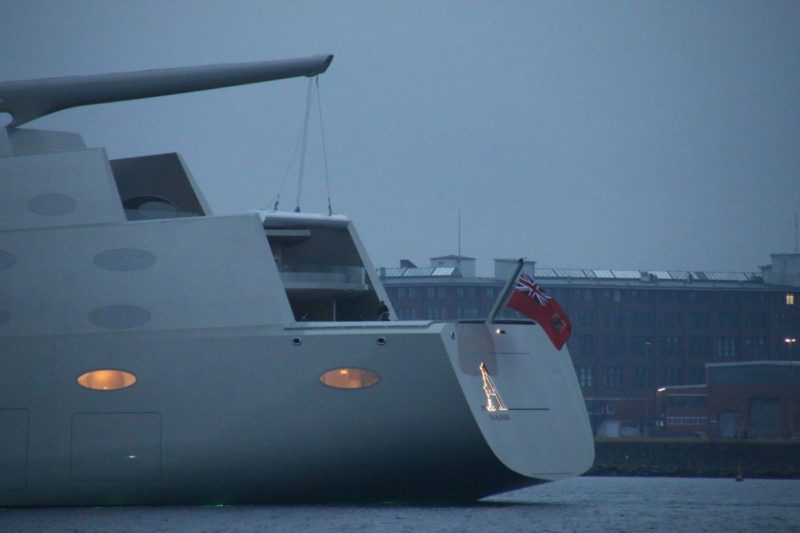 SYA Sailing Yacht A in the Kiel Fjord with an illuminated A at the stern
