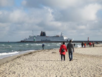 Warnemünde Strand & Scandlines ferry at the pier - arrival of the ferry in Rostock